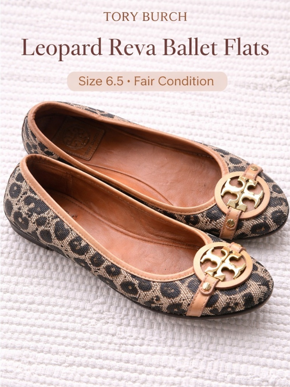 Tory Burch Leopard Reva Ballet Flats Logo Medallion Brown Tan Sz 6.5